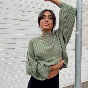 Princess Polly Olive Green Ribbed Knit Sweater Balloon Sleeve Size S/M